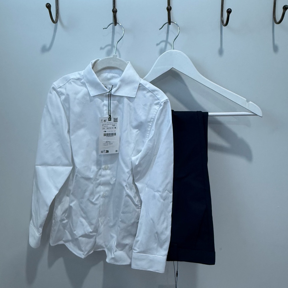 Boys Zara Classic White Button-Down Shirt with Navy Trousers